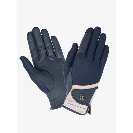 Navy blue and apricot lemieux pro mesh glove with reinforced stitching branded wrist strap for close contact grip