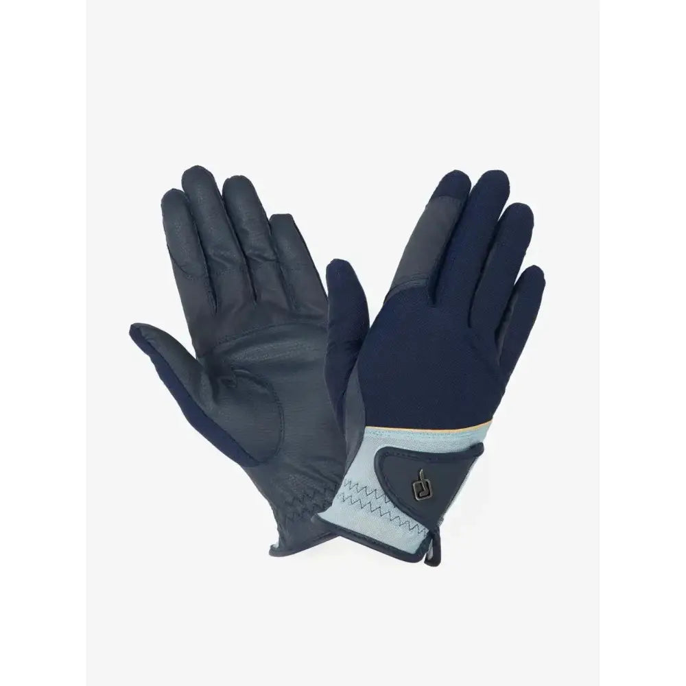 Lemieux pro mesh navy aqua gloves with navy blue and gray textured palm and reinforced fingertips for riding gear
