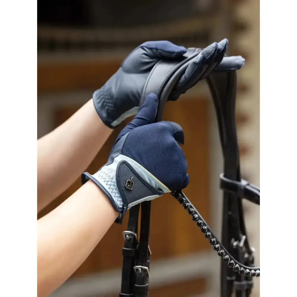 Navy aqua gloves navy blue and gray lemieux pro mesh gloves with reinforced leather palms and mesh back side view