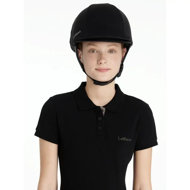 Black lemieux pro mesh equestrian helmet with subtle embroidery in silk black hat for riding comfort and style