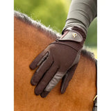 Brown lemieux pro mesh riding gloves with gray reinforced fingertips and gold logo on the back lightweight mesh riding gloves