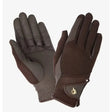 Brown and dark gray lemieux pro mesh riding gloves with reinforced palms and velcro wrist strap with gold logo