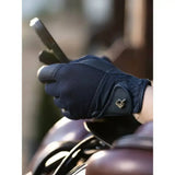 Dark blue lemieux pro mesh riding gloves lightweight with textured fabric and small metallic logo on the back wrist