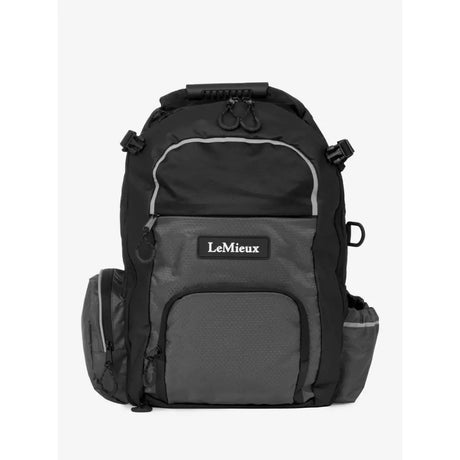 Black and gray lemieux pro rucksack with reflective trim and multiple compartments, a must-have lemieux backpack for riders