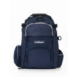 Dark navy blue lemieux pro rucksack with silver zipper pulls and reflective trim perfect for tuck away riding hat storage