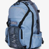 Light blue lemieux pro rucksack with black straps mesh side pocket and hat holder in rucksack powder blue model