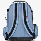 Light blue mesh lemieux pro rucksack powder blue with black straps and red brand tag featuring hat holder
