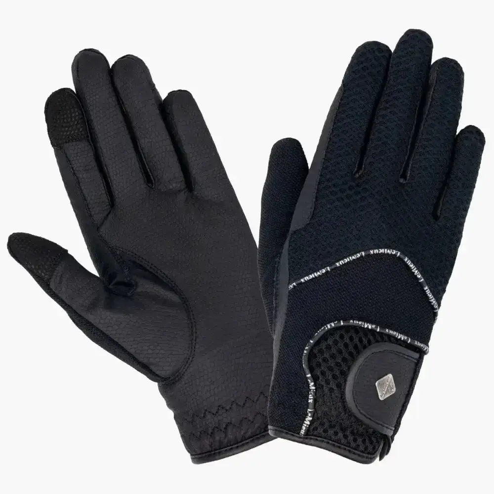Back side of black lemieux pro touch 3d mesh riding gloves lightweight with mesh panel and adjustable wrist strap