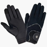 Back side of black lemieux pro touch 3d mesh riding gloves lightweight with mesh panel and adjustable wrist strap
