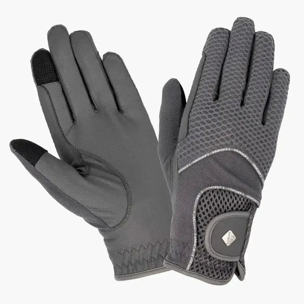 Back of gray lemieux pro touch touch 3d mesh riding gloves with black fingertips textured grip and mesh panels lightweight