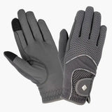 Back of gray lemieux pro touch touch 3d mesh riding gloves with black fingertips textured grip and mesh panels lightweight