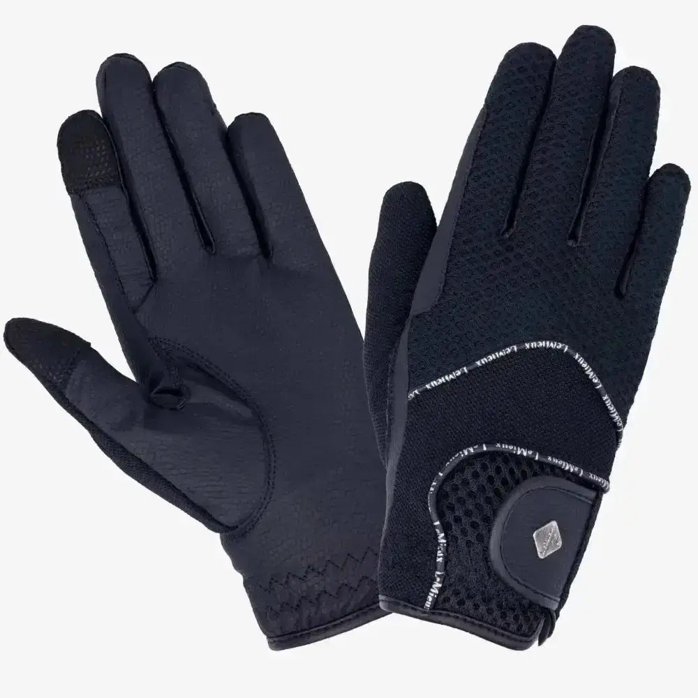 Black lemieux pro touch 3d mesh riding gloves lightweight with mesh panels and branded logo on the wrist back view