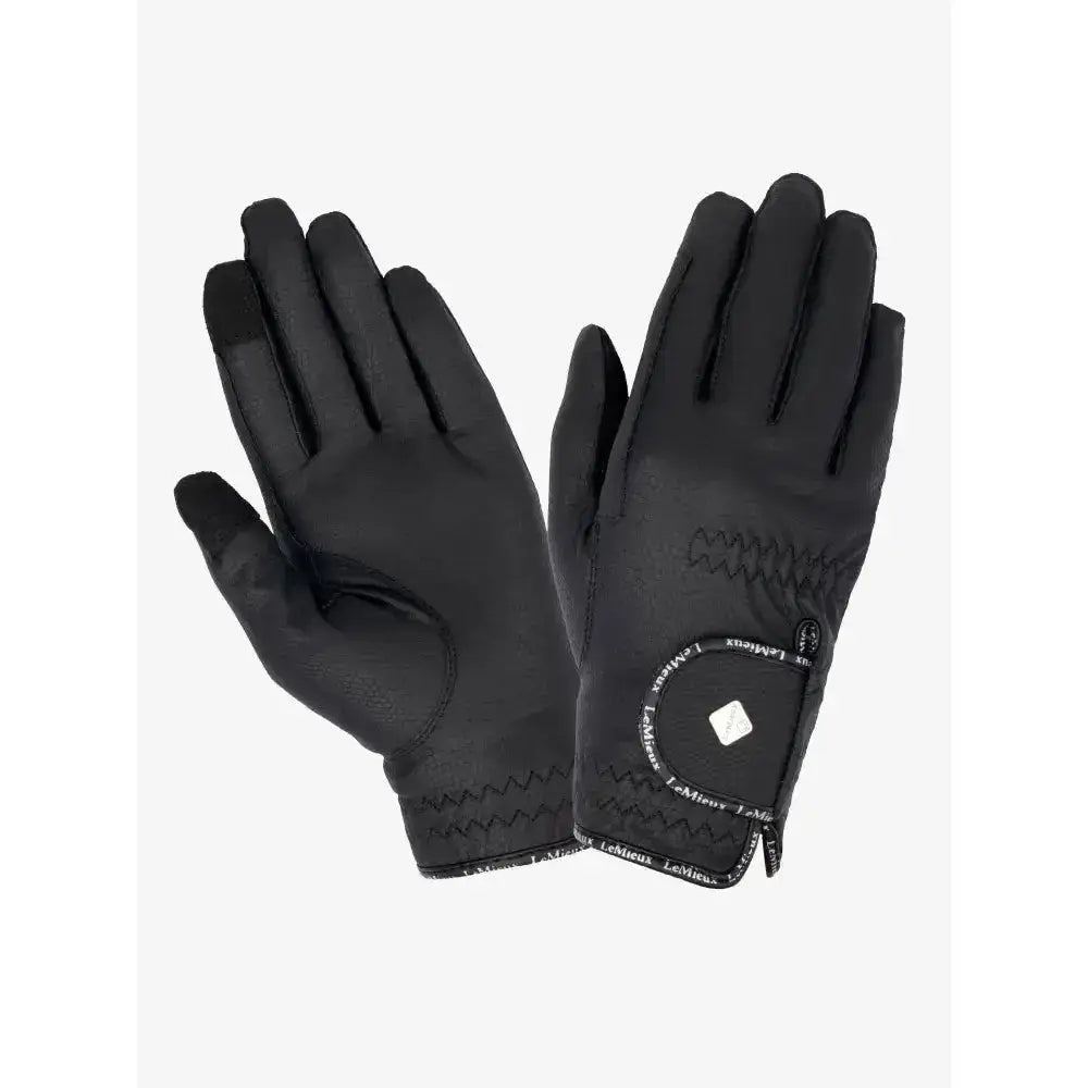 Black lemieux pro touch classic riding gloves with touchscreen compatibility and subtle wrist branding shown from the back