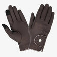Black lemieux pro touch classic riding gloves with touchscreen fingertips textured pattern and wrist strap logo shown from back