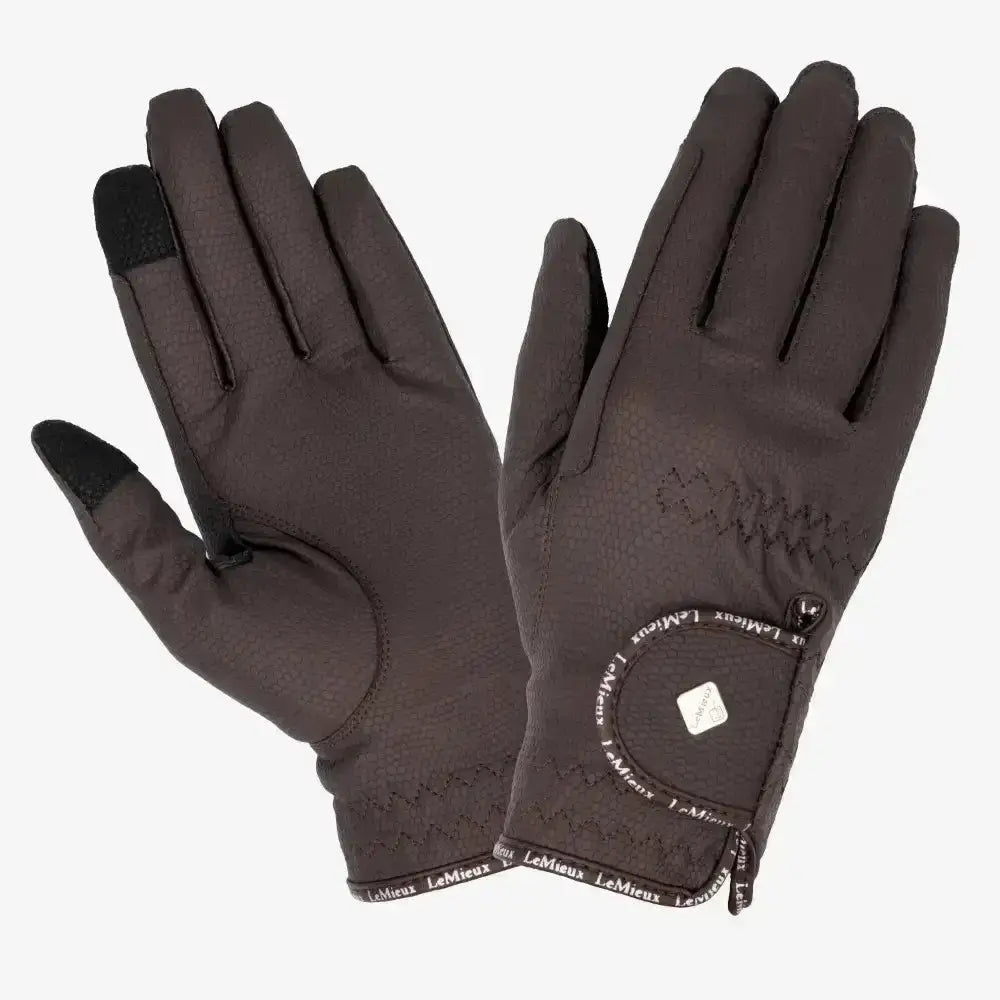 Black lemieux pro touch classic riding gloves with touchscreen fingertips textured pattern and wrist strap logo shown from back