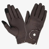Black lemieux pro touch classic riding gloves with touchscreen fingertips textured pattern and wrist strap logo shown from back