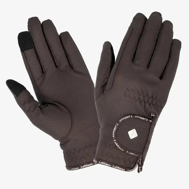 Black lemieux pro touch classic riding gloves with touchscreen fingertips textured pattern and wrist strap logo shown from back
