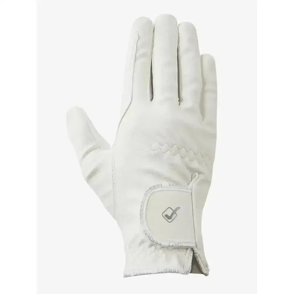 White leather lemieux pro touch classic riding glove with subtle stitching and logo patch on wrist back side view