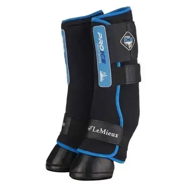 Black and blue lemieux proice freeze therapy boots with adjustable straps and sleek design for horse leg protection