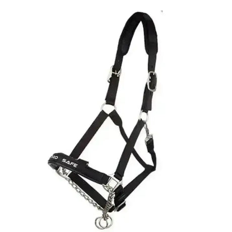 Black leather lemieux prosafe headcollar with silver hardware and chain attachment for secure horse handling