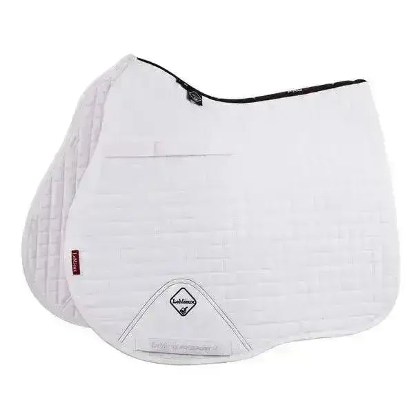 White quilted lemieux prosport cotton square white saddle pad with black trim and diamond-shaped logo