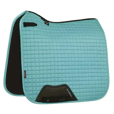 A teal lemieux prosport suede dressage square azure with soft suede binding black trim and branded logo patch