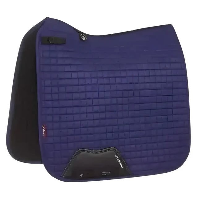 Purple lemieux prosport suede quilted dressage square with black trim and branded logo on the side