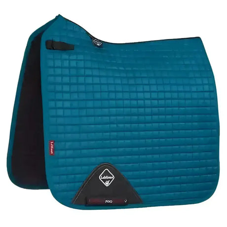 Teal lemieux prosport suede dressage square peacock saddle pad with quilted texture black trim and diamond logo patch