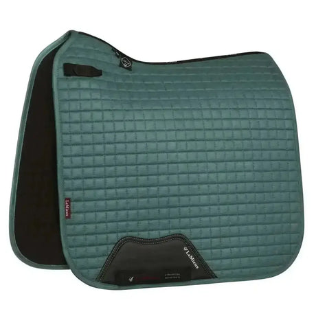 Teal lemieux prosport suede dressage square sage quilted saddle pad with black trim and branded logo patch