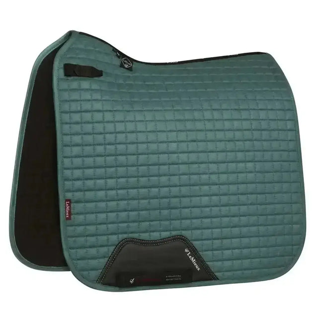 Teal lemieux prosport suede dressage square sage quilted saddle pad with black trim and branded logo patch