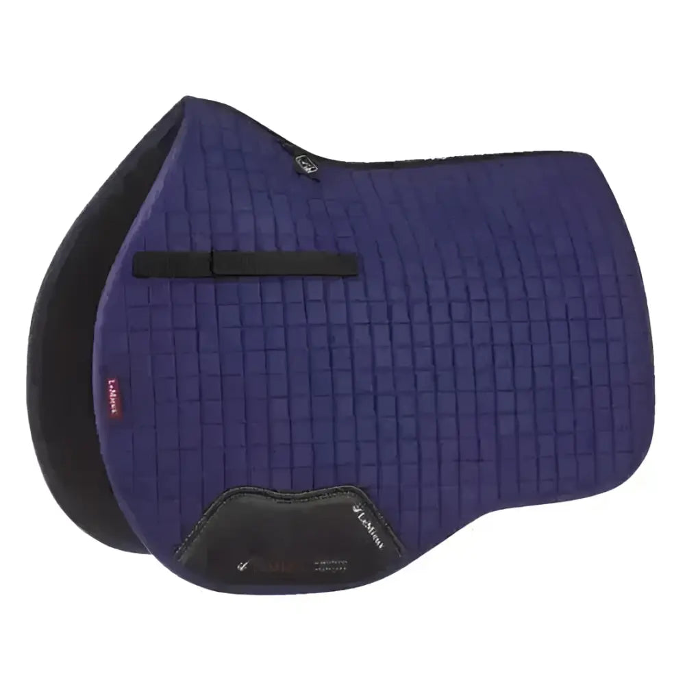Deep purple lemieux prosport suede gp square saddle pad with soft suede binding black trim and red brand tag