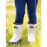 White rubber kids welly palomino rain boots with fox face design navy trim and lemieux puddle pals logo on side