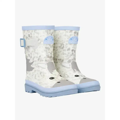 Light blue and white unicorn lemieux puddle pals kids welly sam rubber boots with gray accents for rainy days