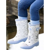 White rubber lemieux puddle pals kids welly sam rain boots with giraffe design light blue accents and gray speckles