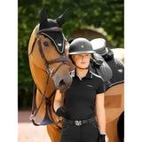 Black LeMieux Puissance Fly Hood with handy elastic tie designed for horse’s ears protected and comfort