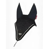 Black mesh puissance fly hood with silver trim and handy elastic tie to keep your horse’s ears protected