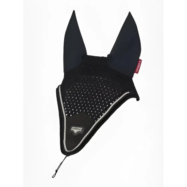 Black mesh puissance fly hood with silver trim and handy elastic tie to keep your horse’s ears protected