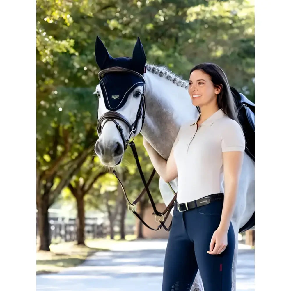 A sleek black lemieux puissance fly hood with a subtle silver logo designed for equestrian use in fly hood navy style