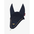Navy lemieux puissance fly hood with gold trim mesh ear flap designed for equestrian use fly hood navy