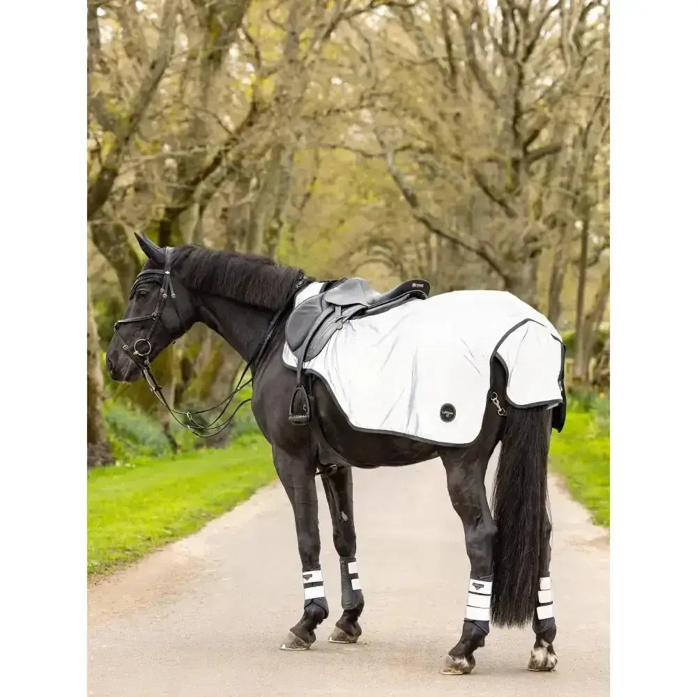 Black horse wearing LeMieux reflective exercise sheet with white reflective outer shell and soft teddy fleece lining