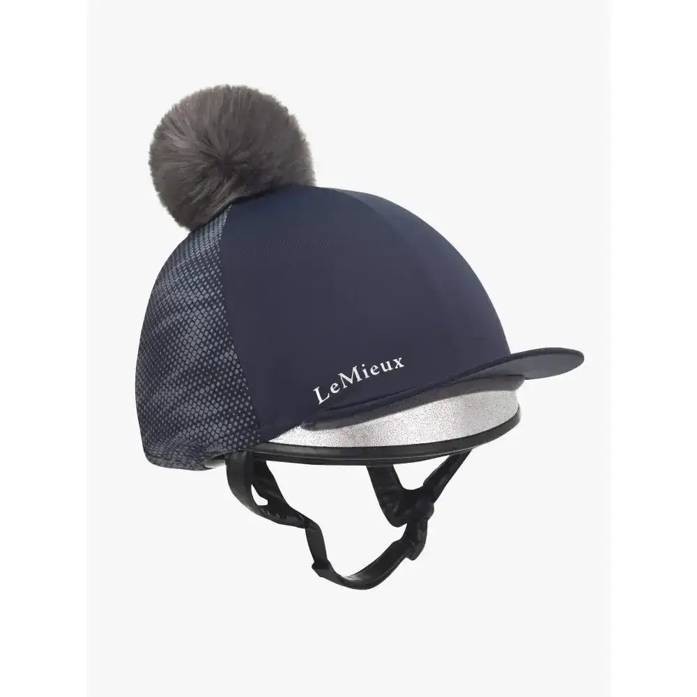 Navy blue lemieux reflective hat silk cover with luxurious detachable gray faux fur pom pom and mesh side panels