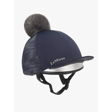 Navy blue lemieux reflective hat silk cover with luxurious detachable gray faux fur pom pom and mesh side panels