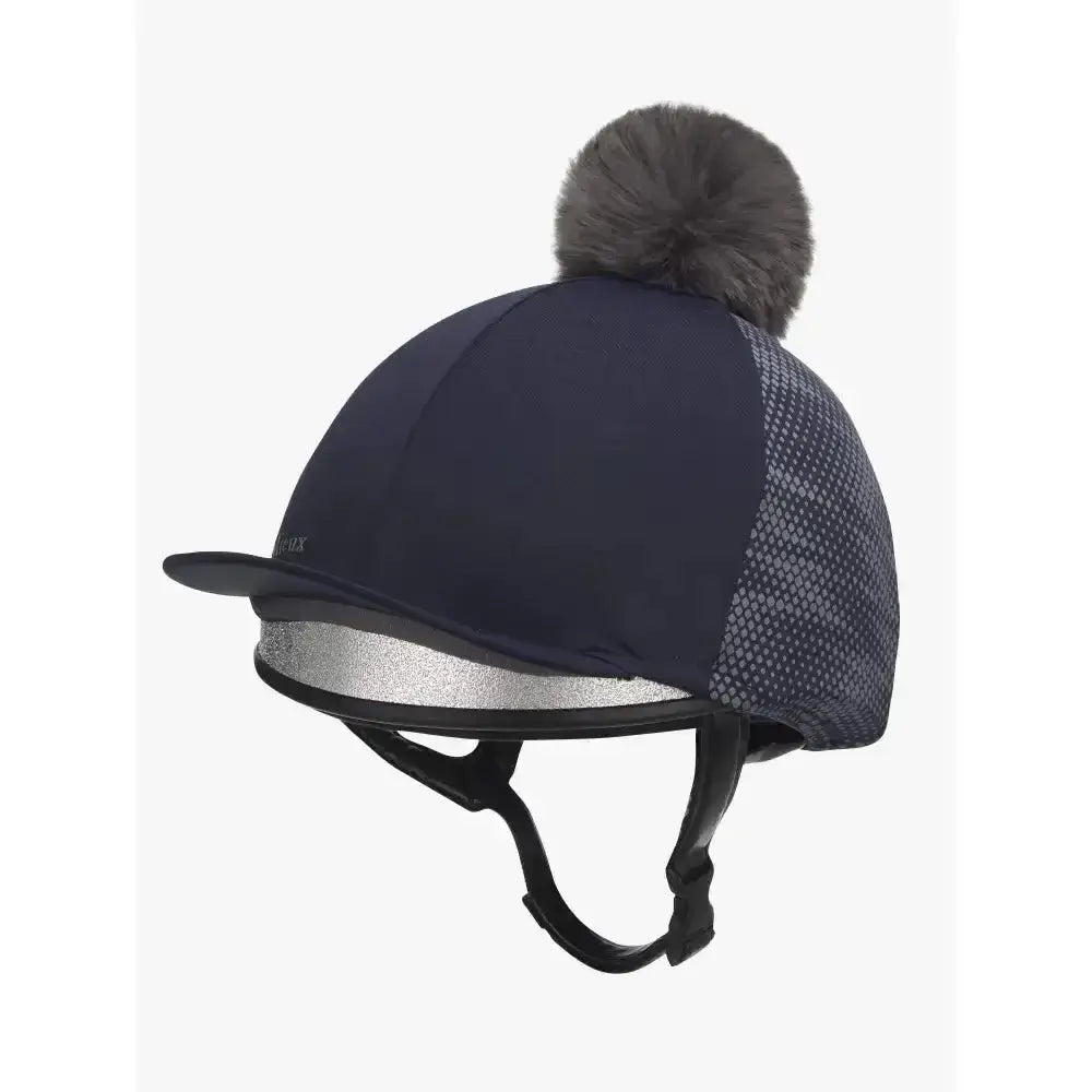 Navy blue lemieux reflective hat silk with luxurious detachable gray faux fur pom-pom and silver trim