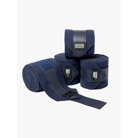 Navy blue lemieux rhone polo bandages vintage with plush fabric and black leather accents for polo use