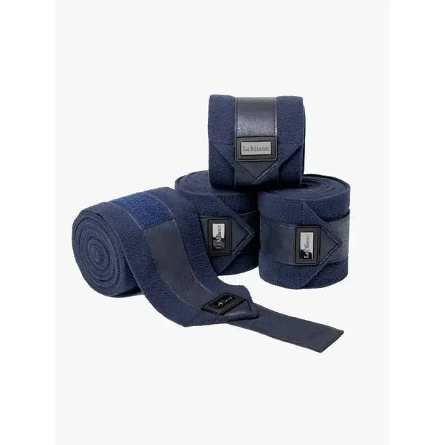 Navy blue lemieux rhone polo bandages vintage with plush fabric and black leather accents for polo use