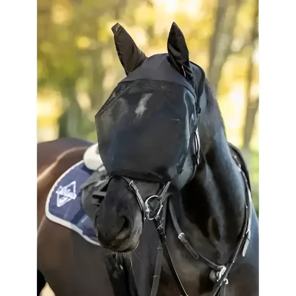 Black mesh fly mask black with adjustable straps and small white logo on forehead from lemieux ride fly mask