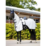 White horsefly veil with black straps and dark blue fly mask on lemieux ride on fly rug grey fly rug grey