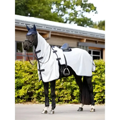 White horsefly veil with black straps and dark blue fly mask on lemieux ride on fly rug grey fly rug grey