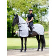 White horse fly rug grey with black trim and lemieux ride logo perfect fly rug for horse protection