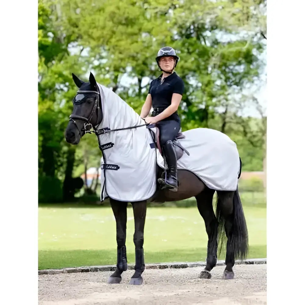 White horse fly rug grey with black trim and lemieux ride logo perfect fly rug for horse protection